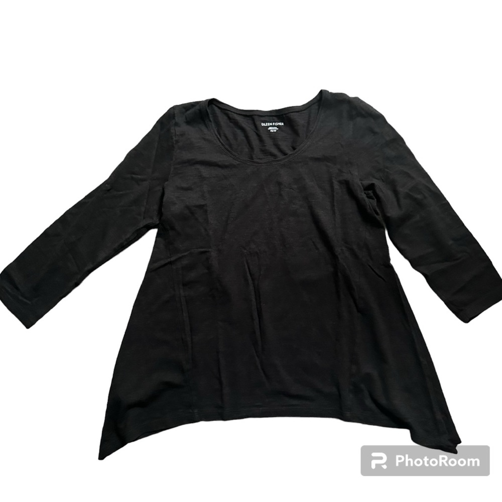 Eileen Fisher Hemp Cotton Mix Black 3/4 length Sleeve Asymetrical‎ Top Size XS